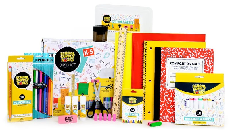 School Supply Boxes Back to School Supply Box Grades K-5 - School Supply Boxes - 32 Piece School Supplies Kit Includes Markers, Crayons, Pencils, Scissors, Folders, Glue Sticks, Notebook, and Composition Book - Image 1